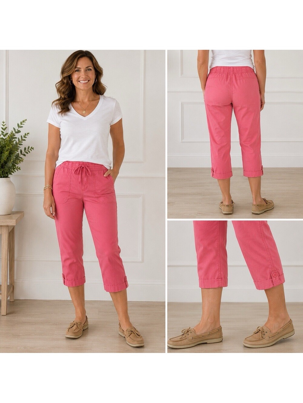 Talbots Pink Coral Crop Pants 2P Petite Tencel Cotton Drawstring Utility Preppy